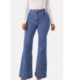 Blue Imitation Pearl Casual Flare Jeans