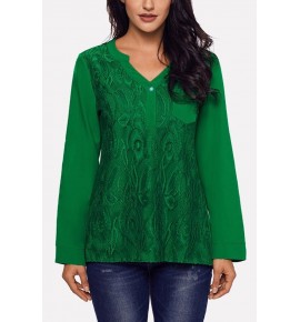 Green Lace Splicing Button V Neck Casual Blouse