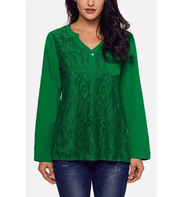 Green Lace Splicing Button V Neck Casual Blouse