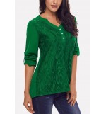 Green Lace Splicing Button V Neck Casual Blouse