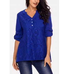 Blue Lace Splicing Button V Neck Casual Blouse