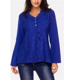 Blue Lace Splicing Button V Neck Casual Blouse