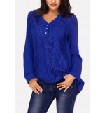 Blue Lace Splicing Button V Neck Casual Blouse