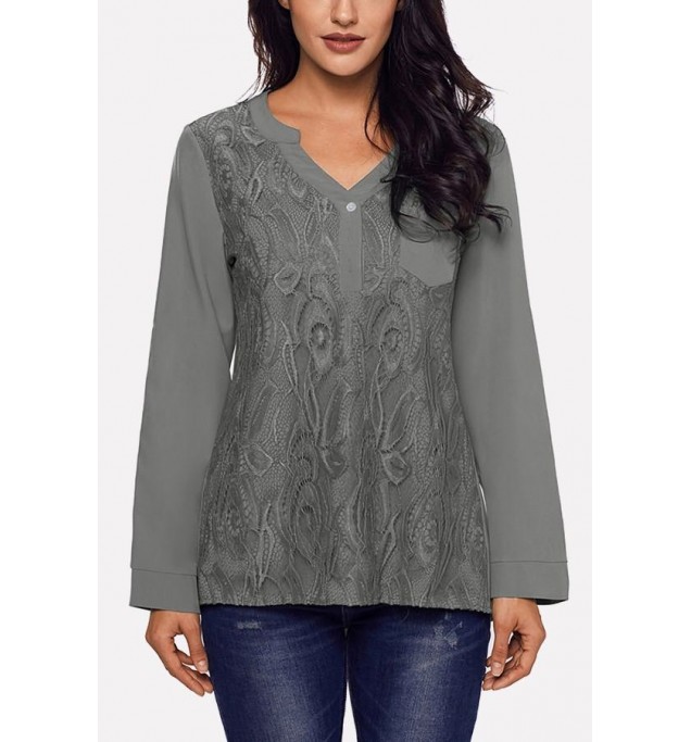 Gray Lace Splicing Button V Neck Casual Blouse