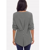 Gray Lace Splicing Button V Neck Casual Blouse