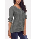 Gray Lace Splicing Button V Neck Casual Blouse