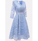 Light-blue V Neck Keyhole Back Lace Sexy A Line Prom Dress