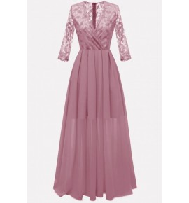 Pink Surplice Wrap Lace Chiffon Sexy Maxi Formal Dress