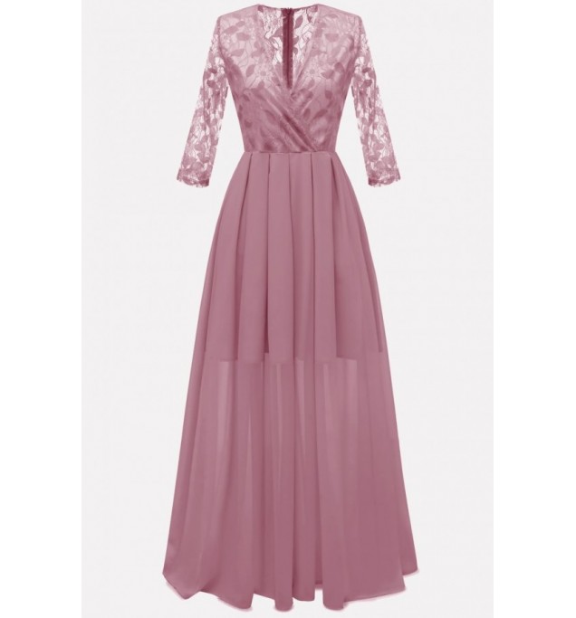 Pink Surplice Wrap Lace Chiffon Sexy Maxi Formal Dress