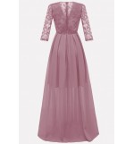 Pink Surplice Wrap Lace Chiffon Sexy Maxi Formal Dress