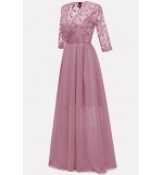 Pink Surplice Wrap Lace Chiffon Sexy Maxi Formal Dress