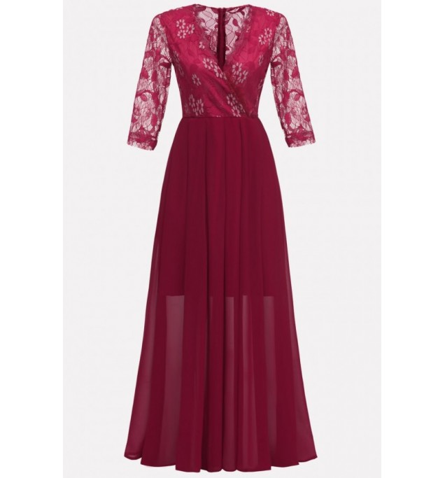 Dark-red Surplice Wrap Lace Chiffon Sexy Maxi Formal Dress