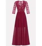 Dark-red Surplice Wrap Lace Chiffon Sexy Maxi Formal Dress