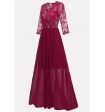 Dark-red Surplice Wrap Lace Chiffon Sexy Maxi Formal Dress