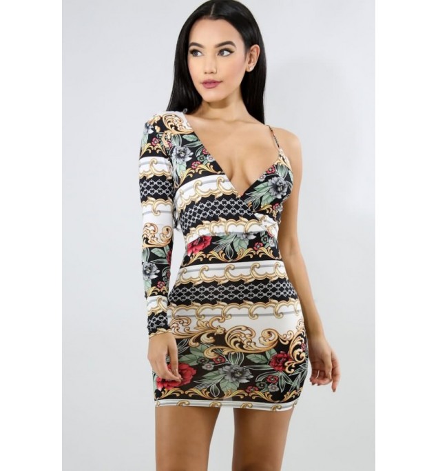 White Floral Print One Shoulder Wrap Sexy Bodycon Dress