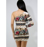 White Floral Print One Shoulder Wrap Sexy Bodycon Dress