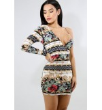 White Floral Print One Shoulder Wrap Sexy Bodycon Dress