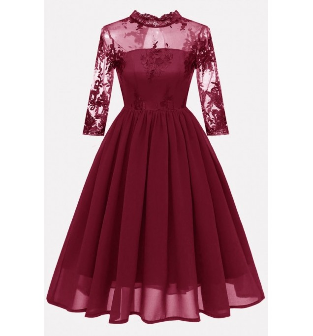 Dark-red Lace Overlay Keyhole Back Sexy A Line Chiffon Dress