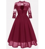 Dark-red Lace Overlay Keyhole Back Sexy A Line Chiffon Dress