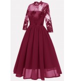 Dark-red Lace Overlay Keyhole Back Sexy A Line Chiffon Dress