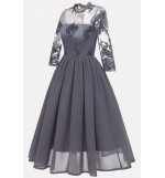 Gray Lace Overlay Keyhole Back Sexy A Line Chiffon Dress