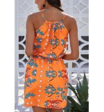 Orange Floral Print High Neck Sleeveless Tied Waist Sexy Dress