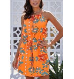 Orange Floral Print High Neck Sleeveless Tied Waist Sexy Dress