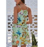 Light-green Floral Print High Neck Sleeveless Tied Waist Sexy Dress