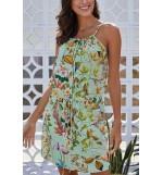 Light-green Floral Print High Neck Sleeveless Tied Waist Sexy Dress