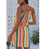 Color Block Stripe High Neck Sleeveless Tied Waist Sexy Dress