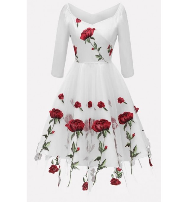 Rose Embroidery Tulle Overlay Sexy A Line Formal Dress