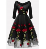 Rose Embroidery Tulle Overlay Sexy A Line Formal Dress