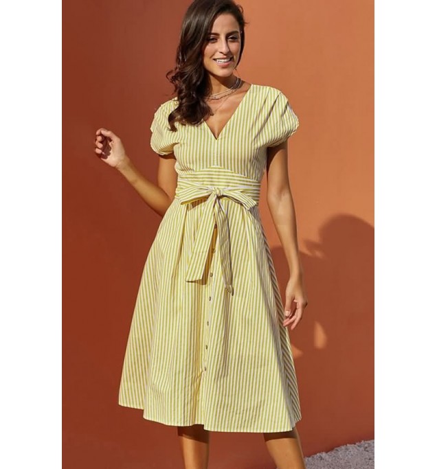 Stripe Print V Neck Tied Button Casual Dress