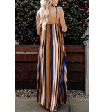 Multi Color Block Stripe Spaghetti Straps Casual Maxi Dress