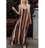 Multi Color Block Stripe Spaghetti Straps Casual Maxi Dress