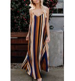 Multi Color Block Stripe Spaghetti Straps Casual Maxi Dress