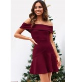 Dark-red Off Shoulder Ruffles Hem Sexy Party Dress