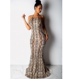 Snakeskin Spaghetti Straps Backless Sexy Maxi Mermaid Dress