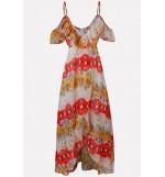 Red Print Spaghetti Straps Ruffles Sexy Chiffon Dress