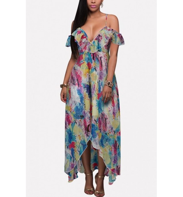 Multi Tie Dye Spaghetti Straps Ruffles Sexy Chiffon Dress