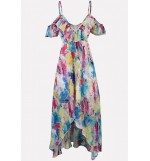 Multi Tie Dye Spaghetti Straps Ruffles Sexy Chiffon Dress