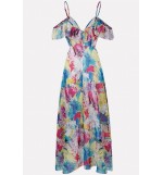 Multi Tie Dye Spaghetti Straps Ruffles Sexy Chiffon Dress