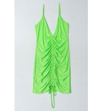 Green Plunging Drawstring Ruched Backless Sexy Dress