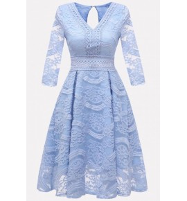 Light-blue V Neck Keyhole Back Lace Sexy A Line Prom Dress