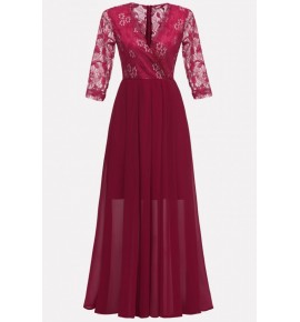 Dark-red Surplice Wrap Lace Chiffon Sexy Maxi Formal Dress