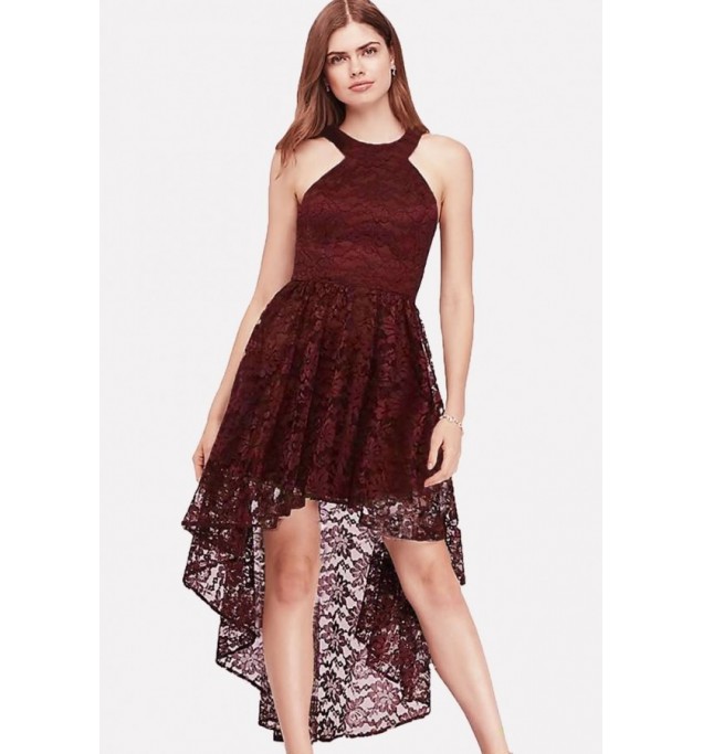 Dark-red Cutout Back Sleeveless High Low Sexy Lace Dress