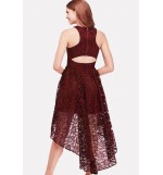 Dark-red Cutout Back Sleeveless High Low Sexy Lace Dress