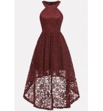 Dark-red Cutout Back Sleeveless High Low Sexy Lace Dress