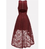 Dark-red Cutout Back Sleeveless High Low Sexy Lace Dress