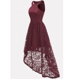 Dark-red Cutout Back Sleeveless High Low Sexy Lace Dress